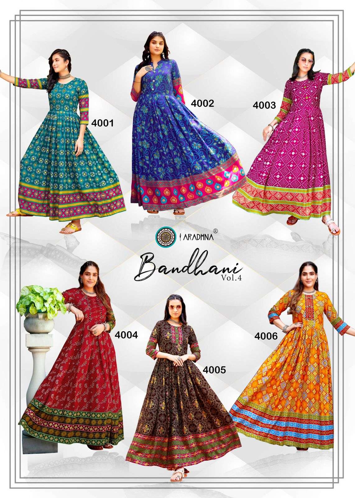 BANDHANI VOL 4 RAYON BANDHANI PRINT EMBROIDERY WORK LIVA TAG LONG GOWN KURTI BY ARADHNA BRAND INDEX 1